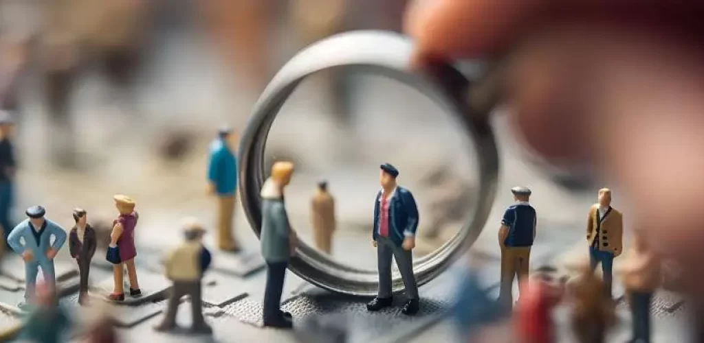 Uma mão segurando uma lupa sobre um povo em miniatura